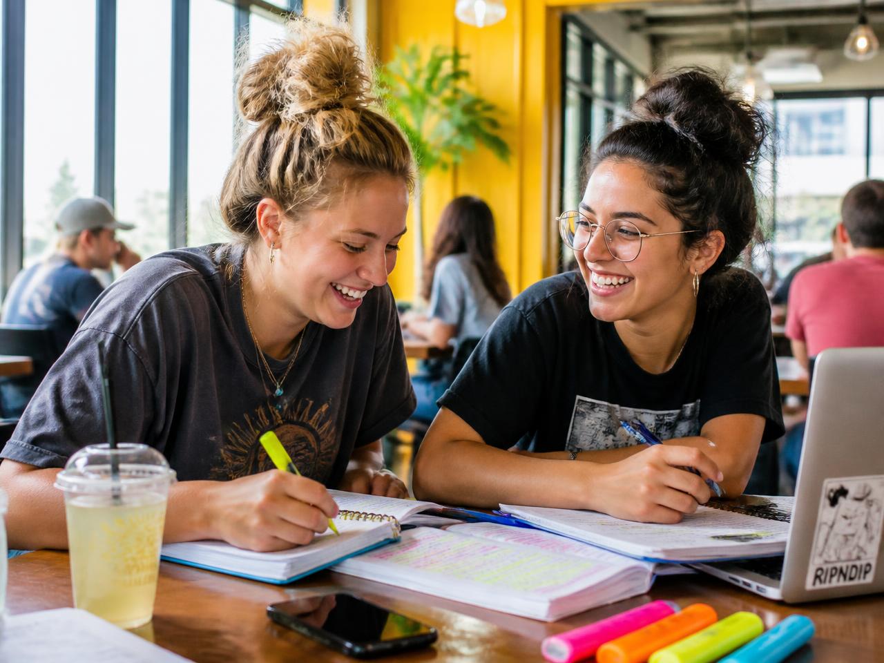 Dwie studentki uczą się razem w kawiarni, notatniki i kolorowe zakreślacze